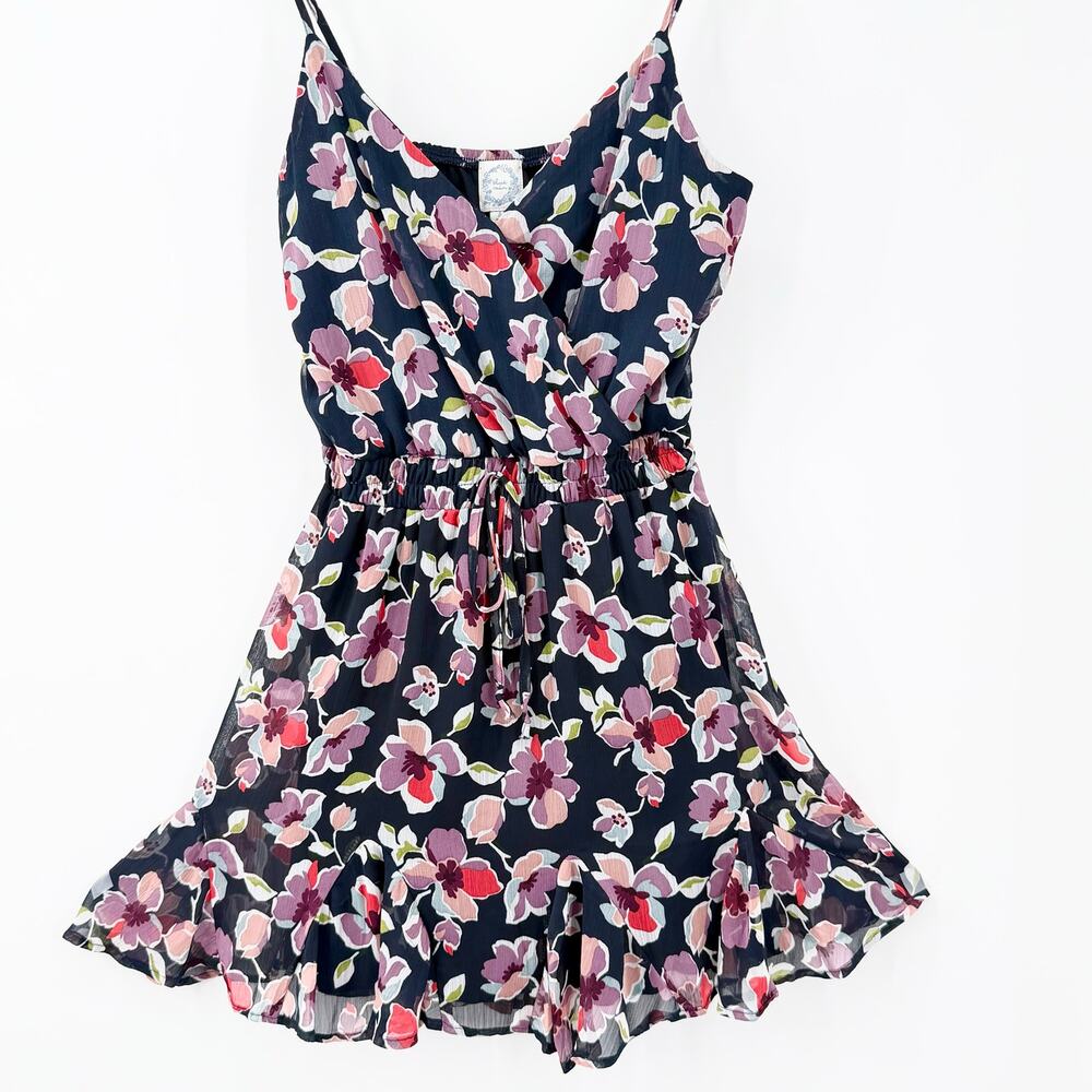 Blue Rain Floral Chiffon Faux Wrap Mini Dress Medium Navy Ruffle Hem Boho